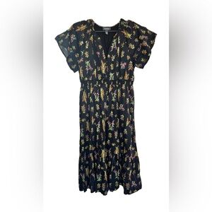 ModCloth Black Floral Midi Elasticated Waist Dress Size Large
